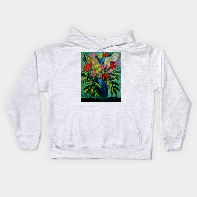 Abstract painting in acrylic paint of a Bouquet of flowers in a glass vase . Kids Hoodie by kkartwork